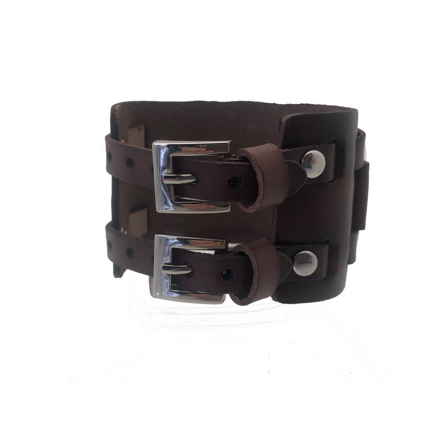 Perforated Brown Leather Double Strap Cuff