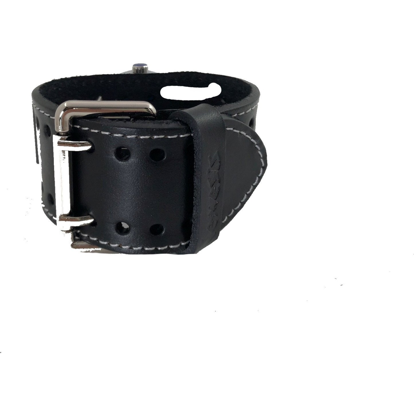 Tourbillon Day/Night Black and Silver Hand Watch with Stitched Black Leather Cuff