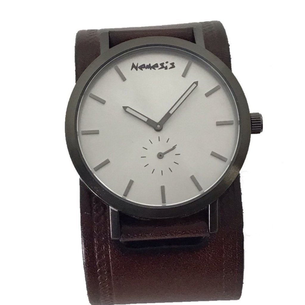 Minimalist Silver Watch with Weaved Brown Leather Cuff DHST222S