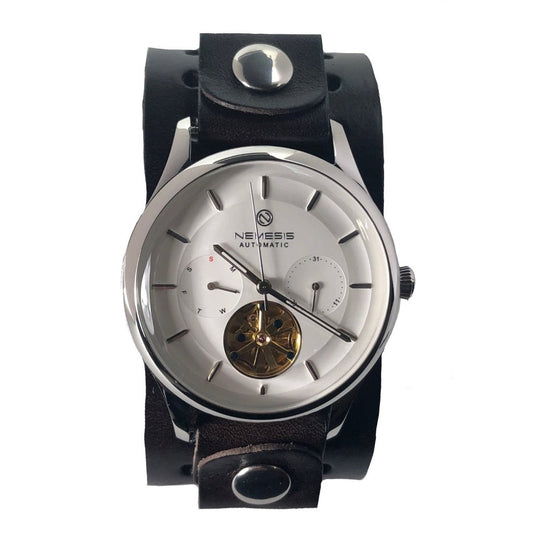 Tourbillon Day/Night White and White Hand Watch with Perforated Black Leather Cuff