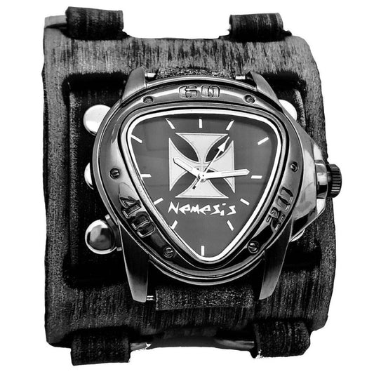 FWB938IC Iron Cross Gunmetal Watch with Faded Black Wide Detail Leather Cuff Band