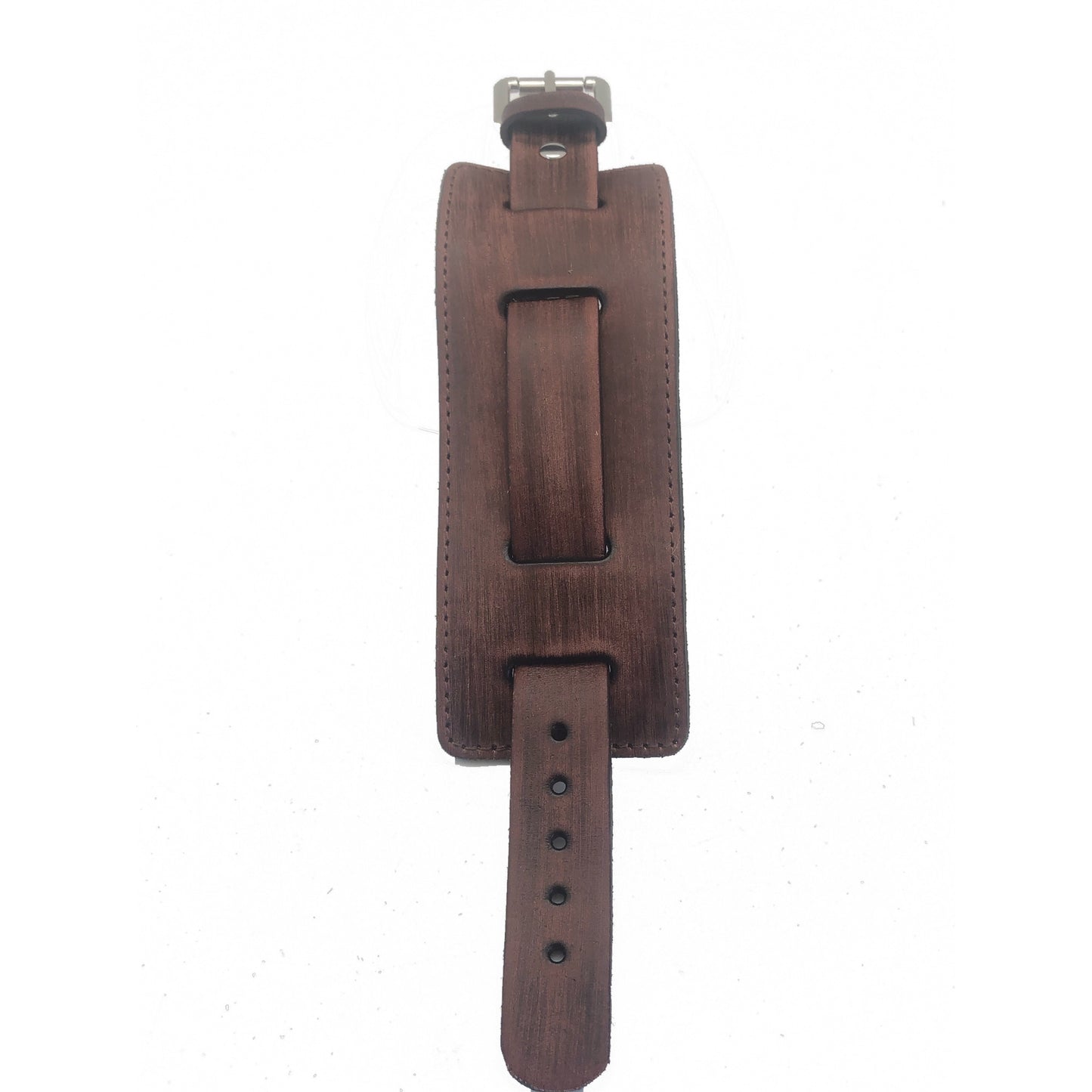 Stitched Distressed Brown Leather Wide Cuff