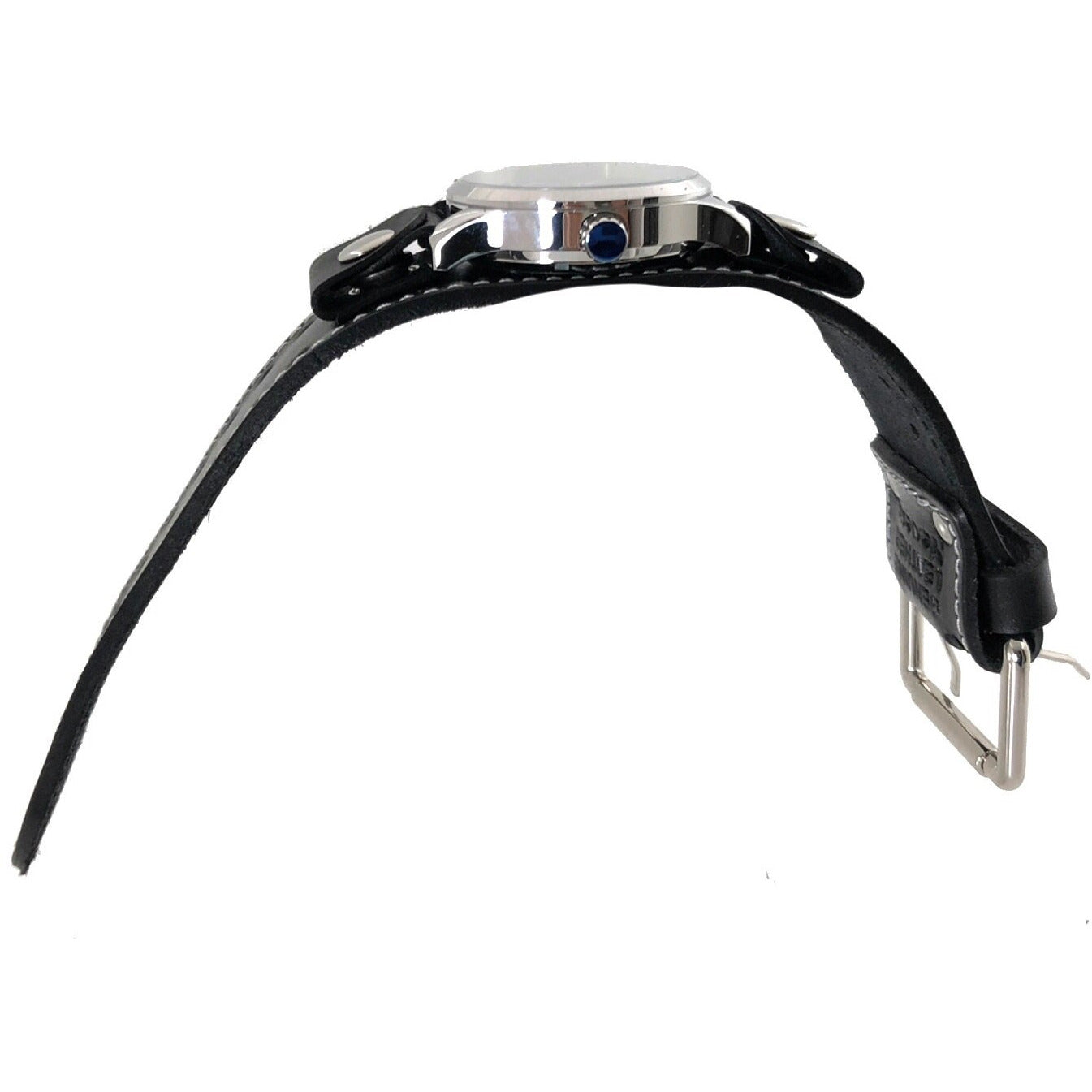 Tourbillon Day/Night Black and Silver Hand Watch with Stitched Black Leather Cuff