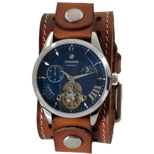 Tourbillon Day/Night Blue and Silver Hand Watch with Stitched Khaki Leather Cuff