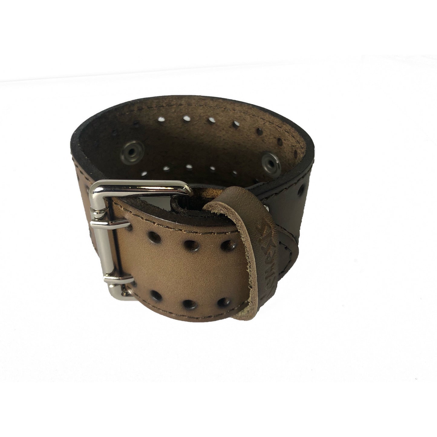Stitched Perforated Distressed Dark Brown Leather Ladies Cuff
