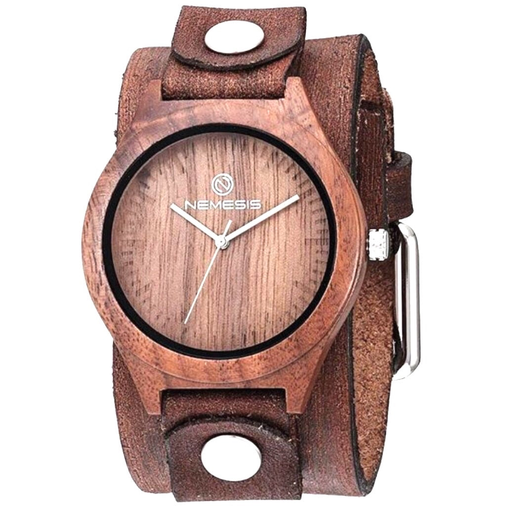 Maple Natural Wood Ladies Watch with Distressed Brown Leather Cuff