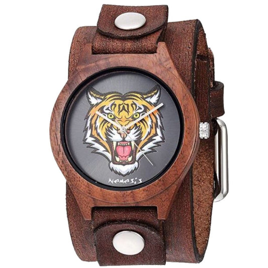 Tiger Face Natural Wood Watch with Distressed Brown Leather Cuff