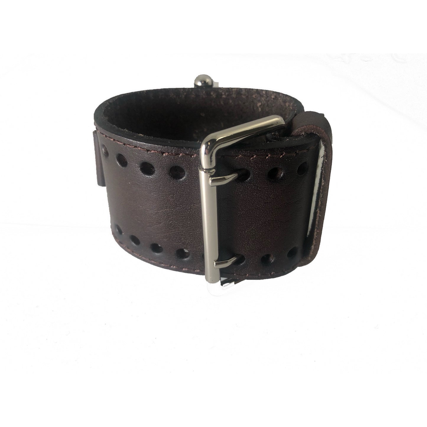 Teardrop Copper Watch with Perforated Dark Brown Leather Wide Cuff