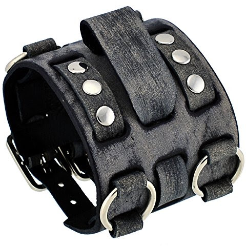 Hybrid Diver Black/Yellow Watch Bullet with Ring Distressed Charcoal Leather Triple Strap Cuff