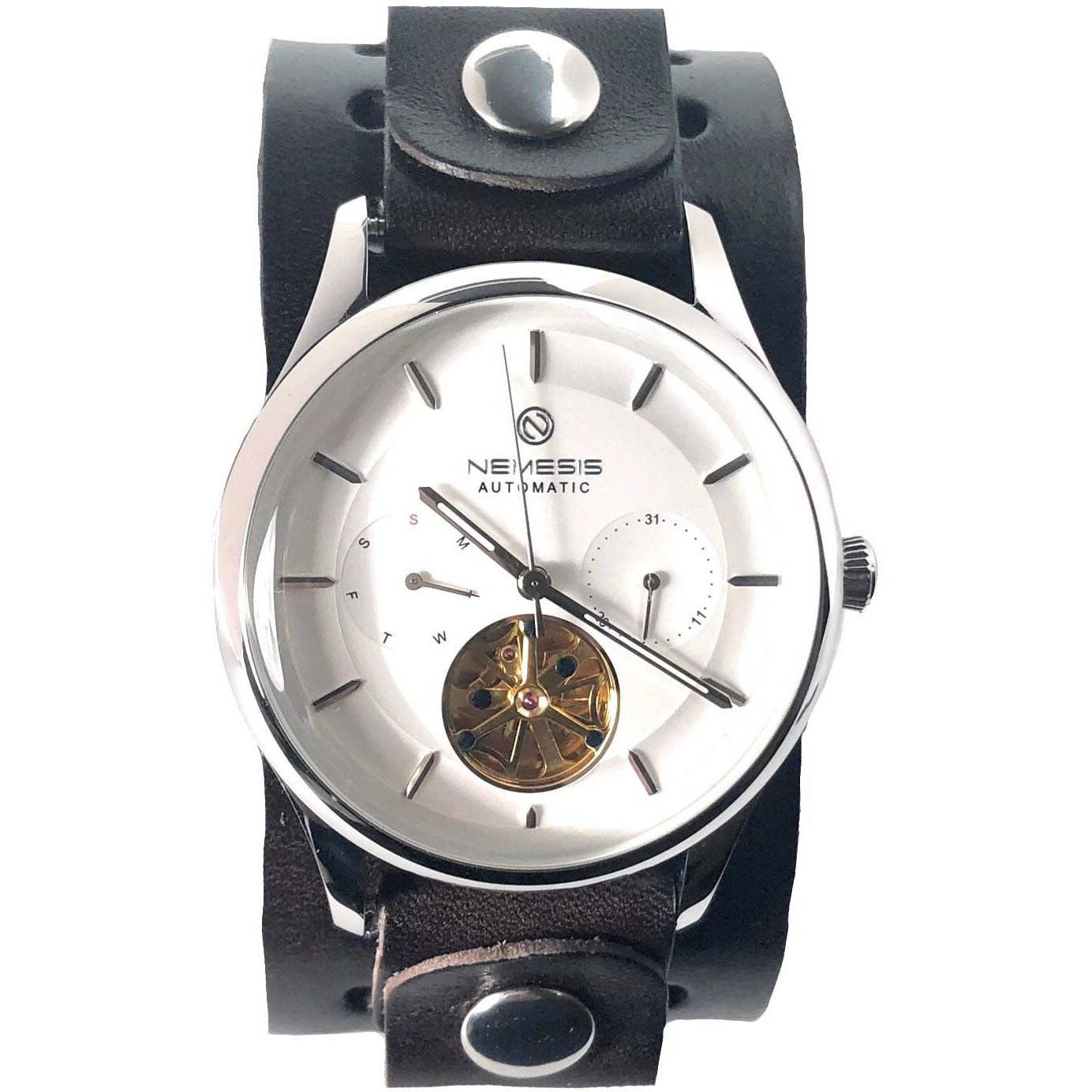 Tourbillon Day/Night White and White Hand Watch with Perforated Black Leather Cuff