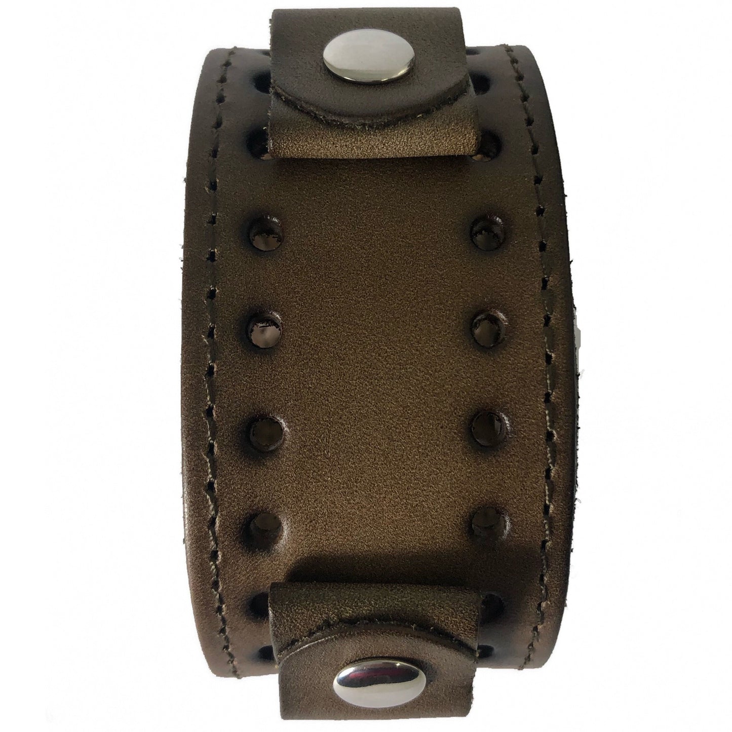 Stitched Perforated Distressed Dark Brown Leather Ladies Cuff