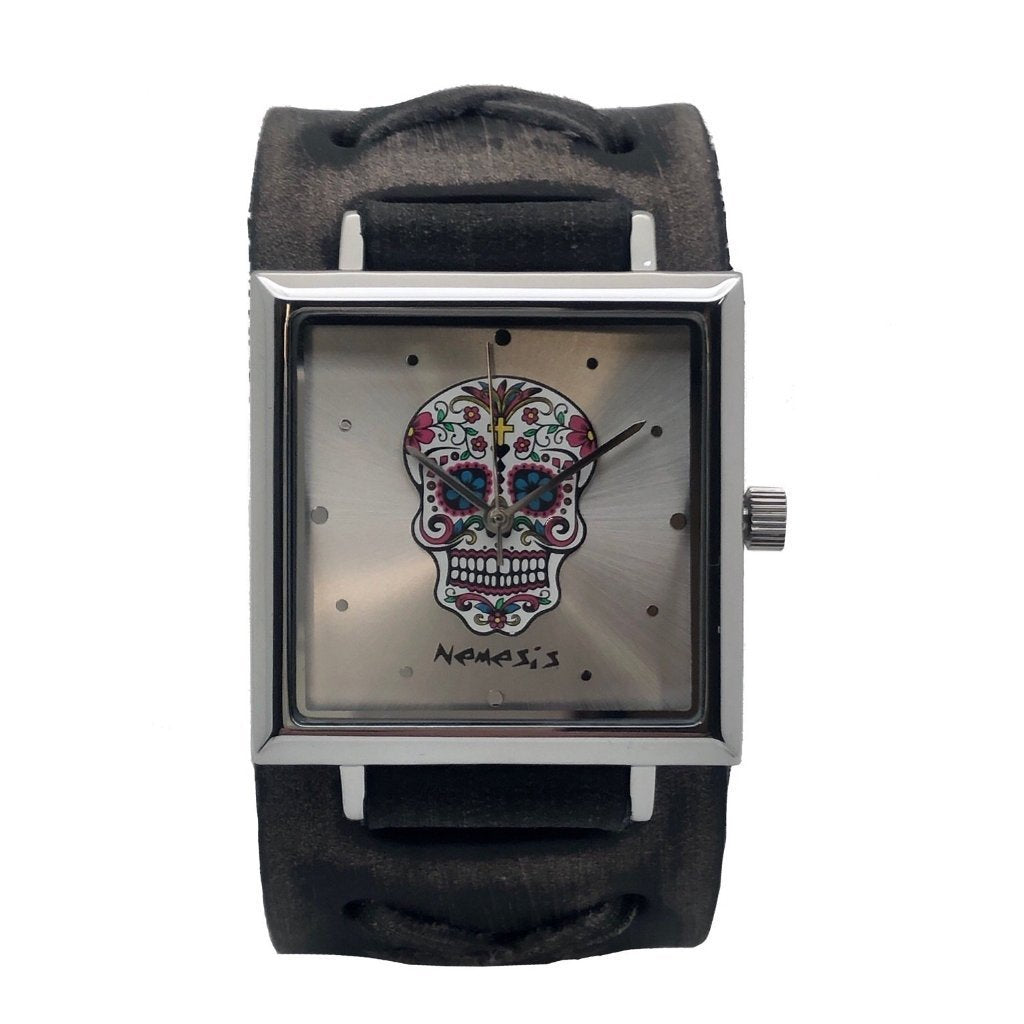 Day of The Dead Skull Gradient Silver Watch with X Distressed Black Leather Cuff FXB955S