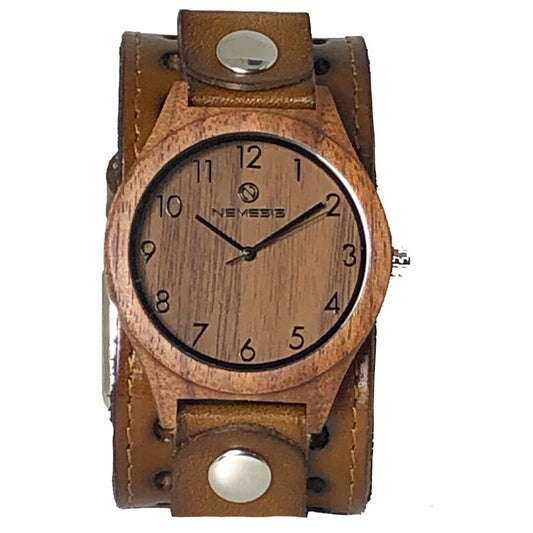 Ash Natural Dark Wood Watch with Stitched Perforated Khaki Leather Cuff Bsth266B