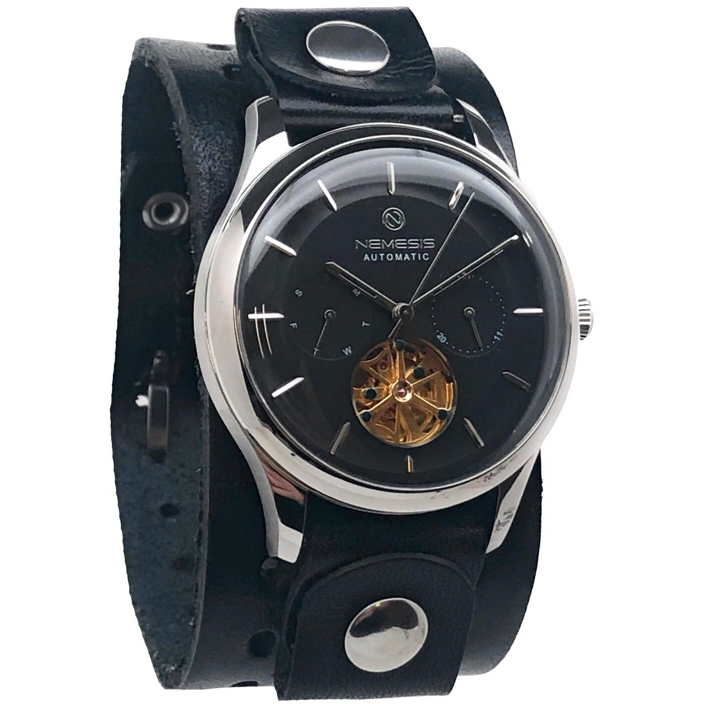 Tourbillon Day/Night Black and Silver Hand Watch with Black Leather Cuff