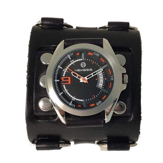 Sully Black/Orange Watch with Bullet Ring Black Leather Triple Strap Cuff