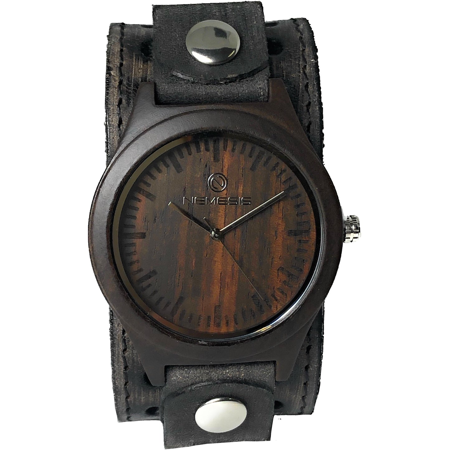 Mahogany Natural Wood Watch with Stitched Distressed Black Leather Cuff VST260K