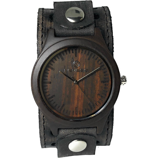 Mahogany Natural Wood Watch with Stitched Distressed Black Leather Cuff VST260K