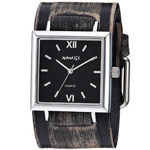 Raven Ladies Black Watch with Weaved Distressed Dark Brown Leather Cuff