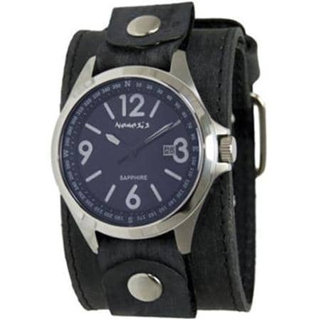 Sapphire Crystal Blue Watch with Stitched Distressed Black Leather Cuff