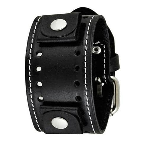 White Stitched Black Leather Cuff