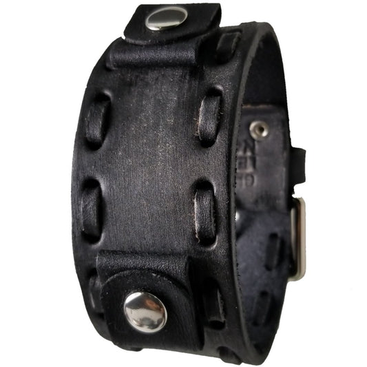 Perforated Dash Distressed Black Leather Cuff