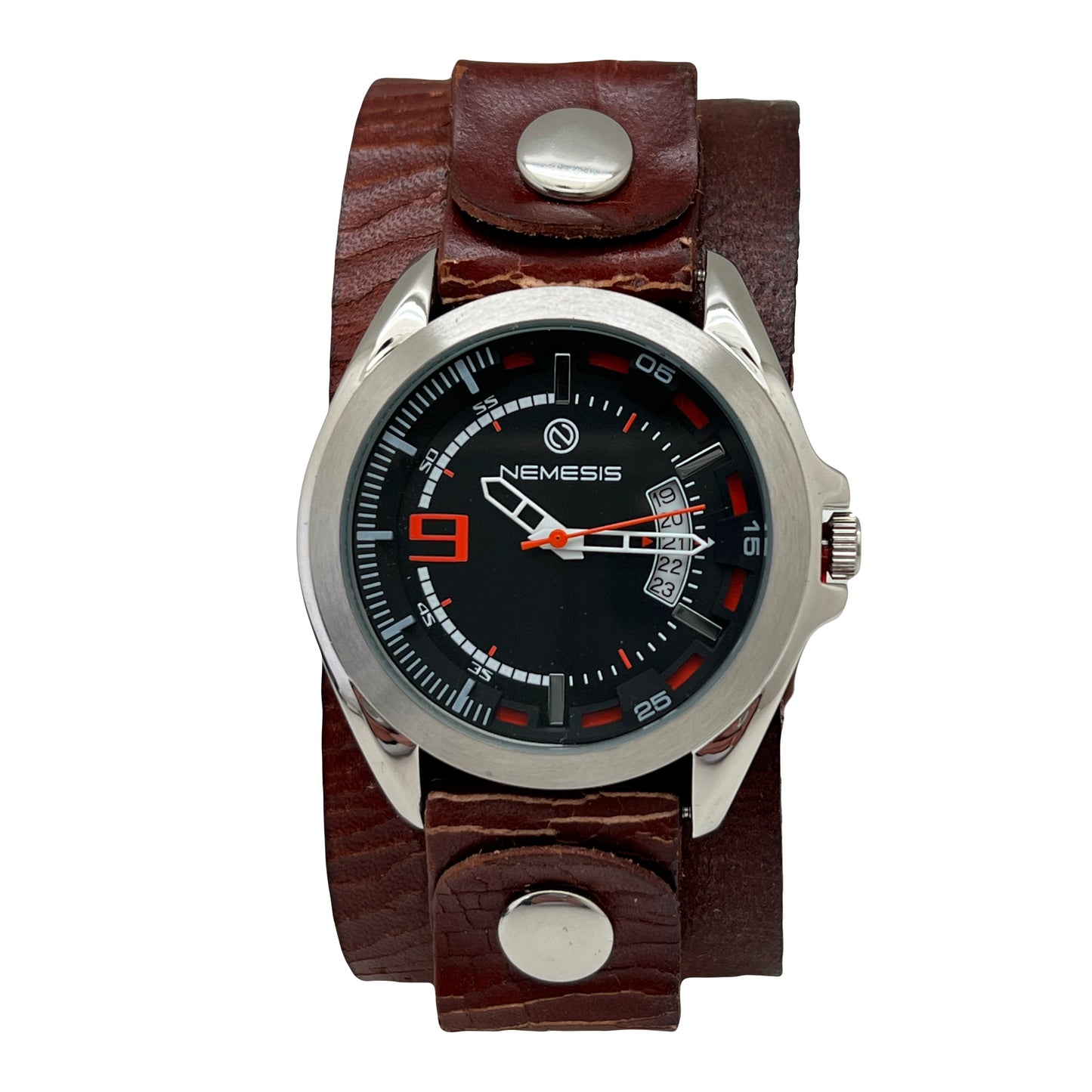 Sully Black/Orange Watch with Wrinkled Dark Brown Leather Cuff