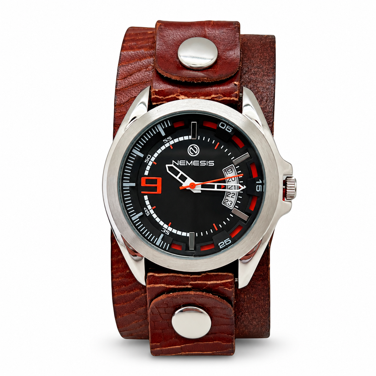Sully Black/Orange Watch with Wrinkled Dark Brown Leather Cuff