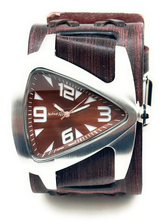 Teardrop Copper Watch with Double X  Vintage Brown Leather Wide Cuff