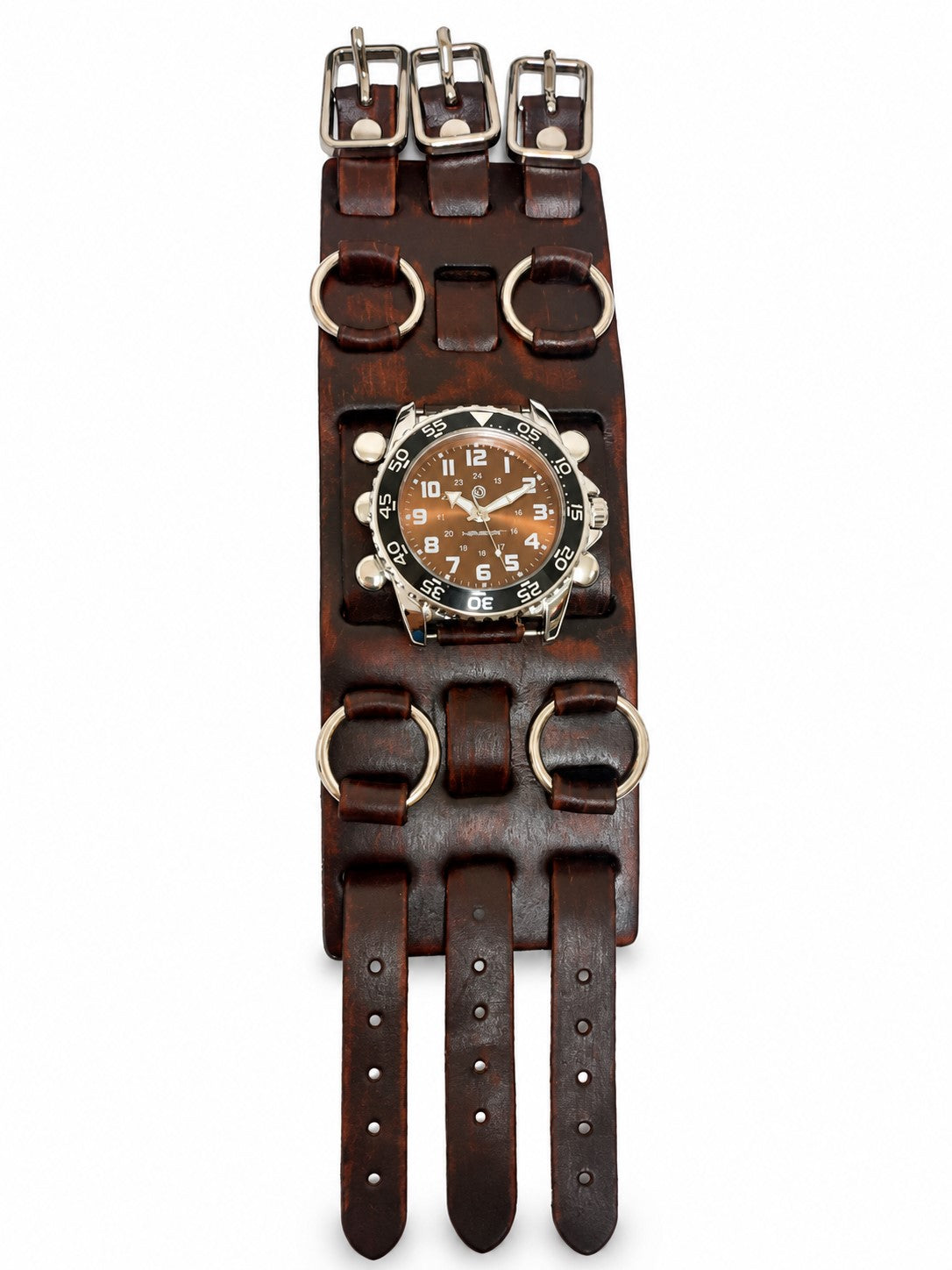 Hybrid Diver Blue/White Watch with Double X Distressed Brown Leather Wide Cuff BFWB257B