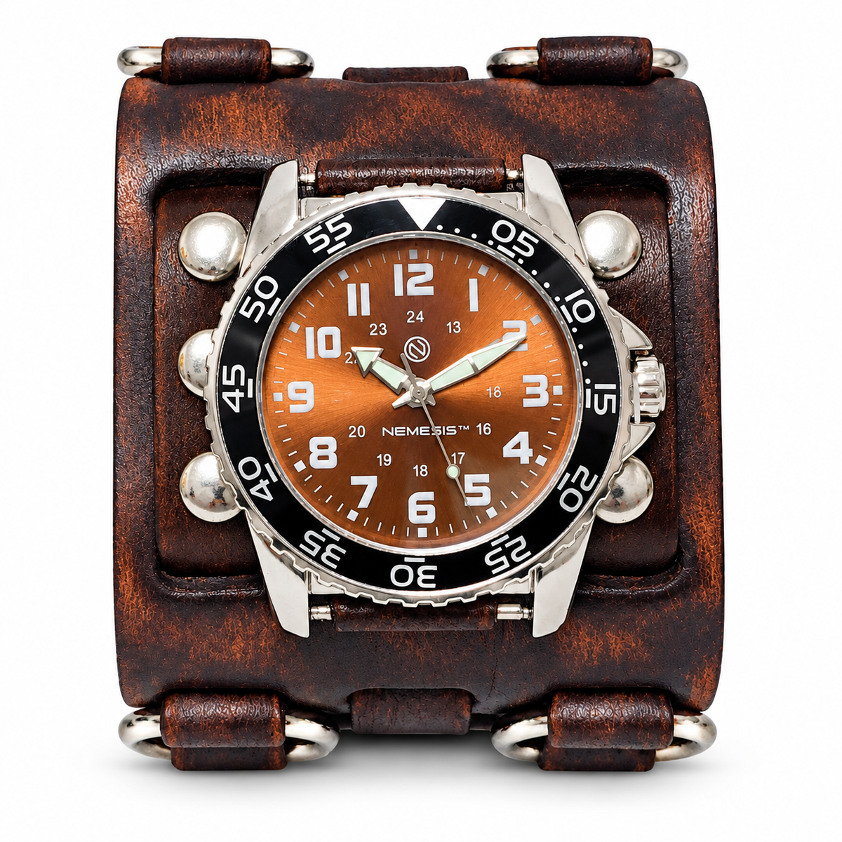 Hybrid Diver Blue/White Watch with Double X Distressed Brown Leather Wide Cuff BFWB257B