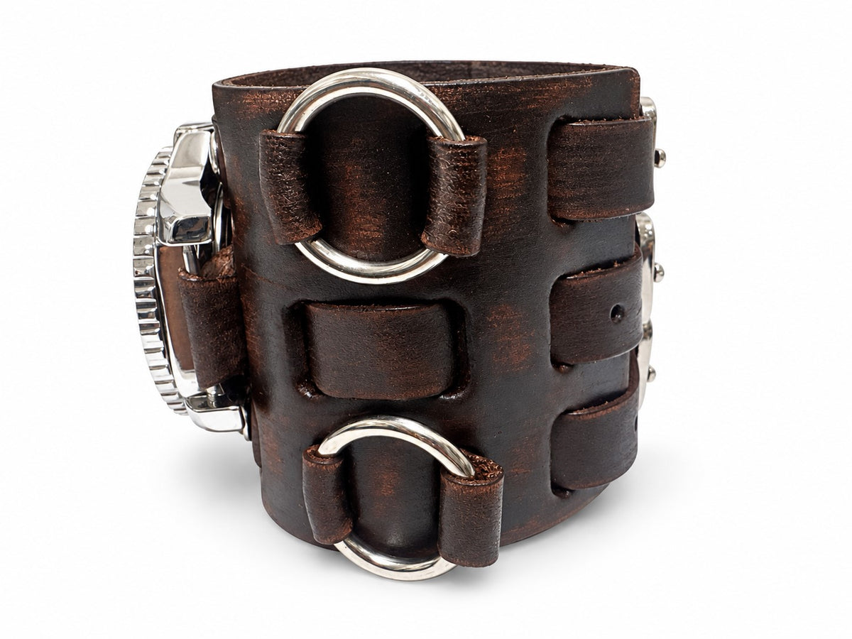 Hybrid Diver Blue/White Watch with Double X Distressed Brown Leather Wide Cuff BFWB257B