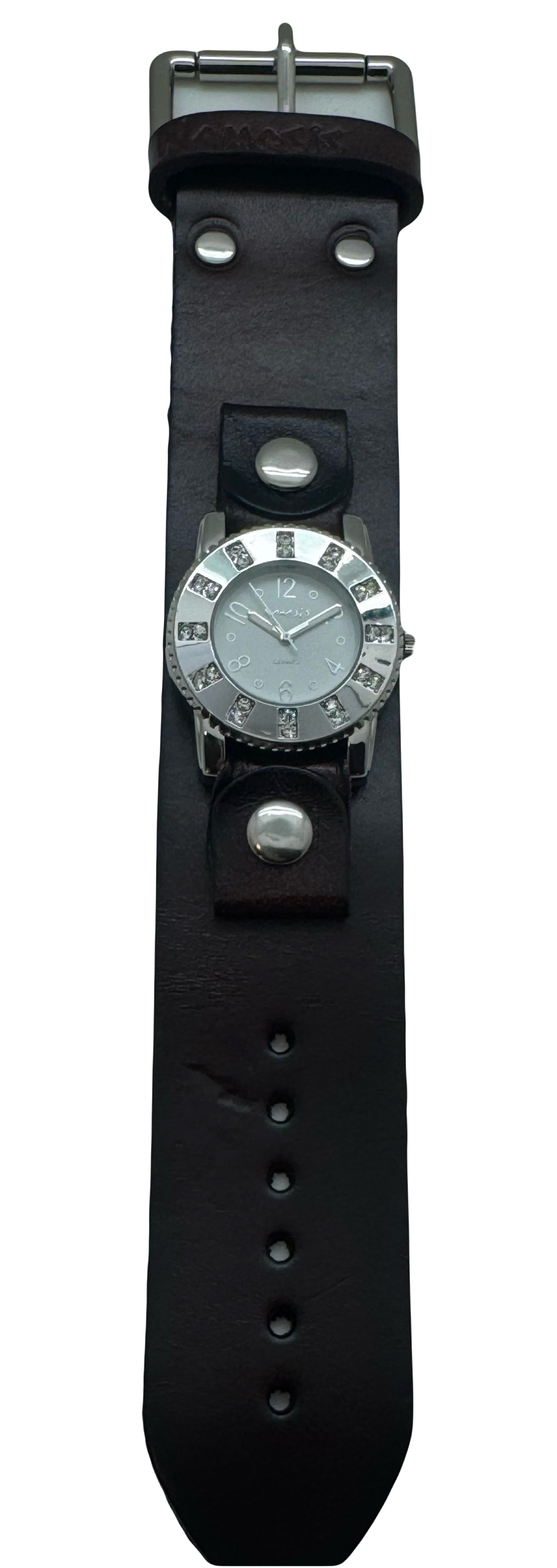 Crystal Showgirls White Ladies Watch with Diamond Stitched Dark Brown Leather Cuff BGb311S