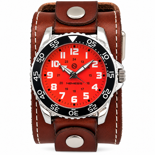 Hybrid Diver Blood Orange/White Watch with Stitched Khaki Leather Wide Cuff BLBB257N