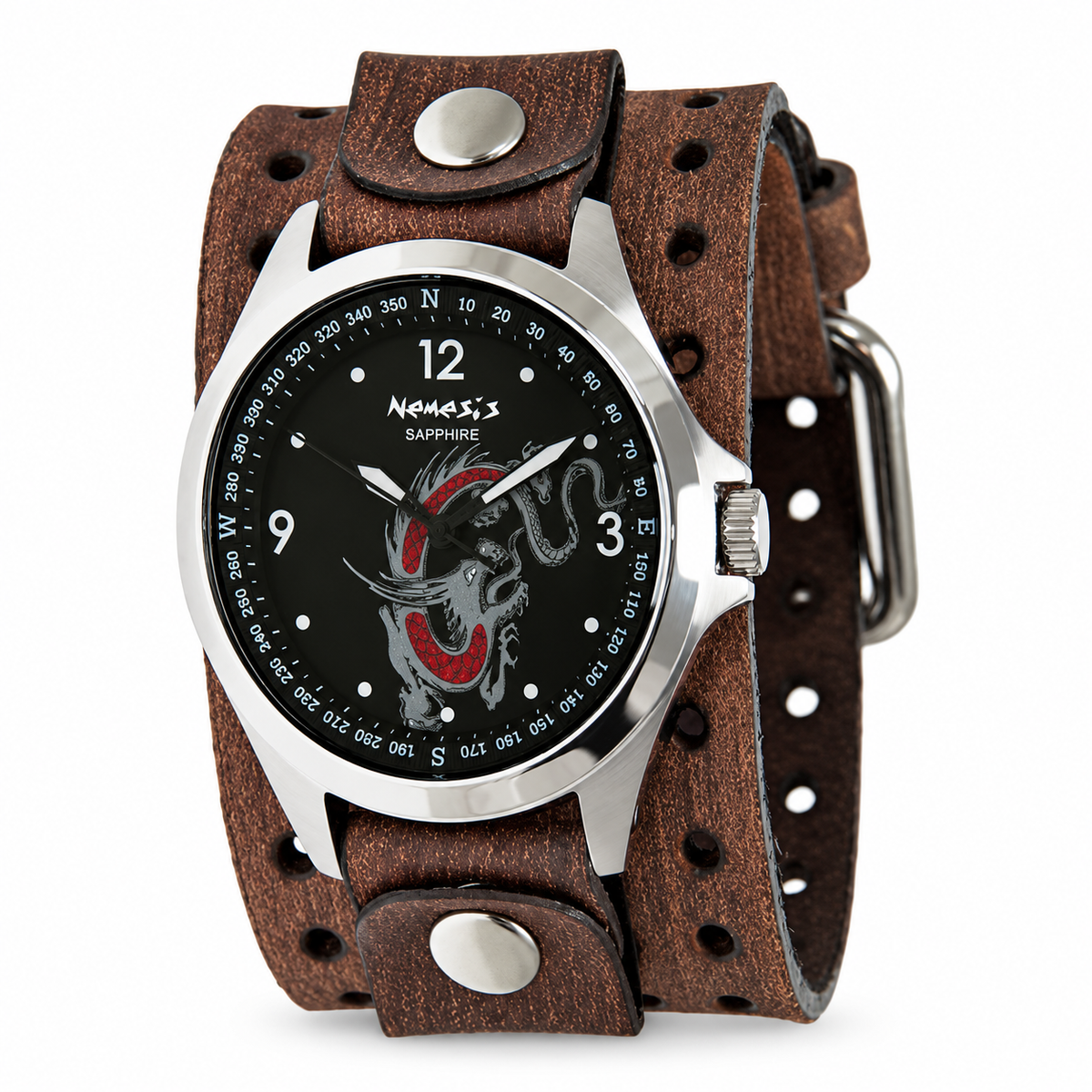 Dragon Sapphire Crystal Black Watch with Perforated Distressed Brown Leather Wide Cuff BFHD250D