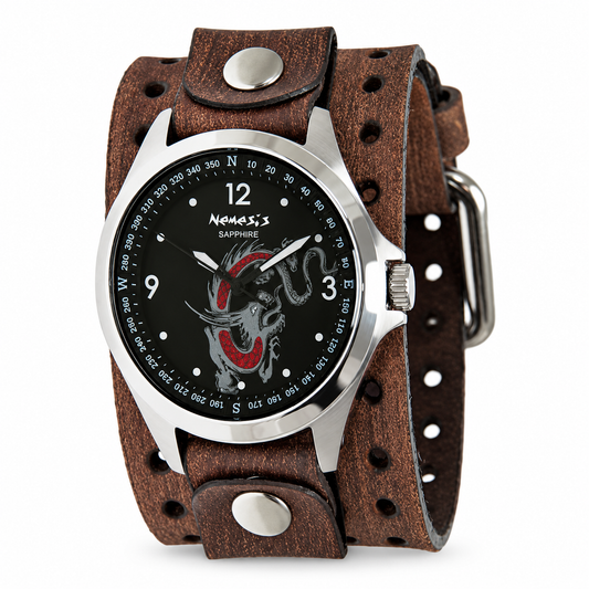 Dragon Sapphire Crystal Black Watch with Perforated Distressed Brown Leather Wide Cuff BFHD250D