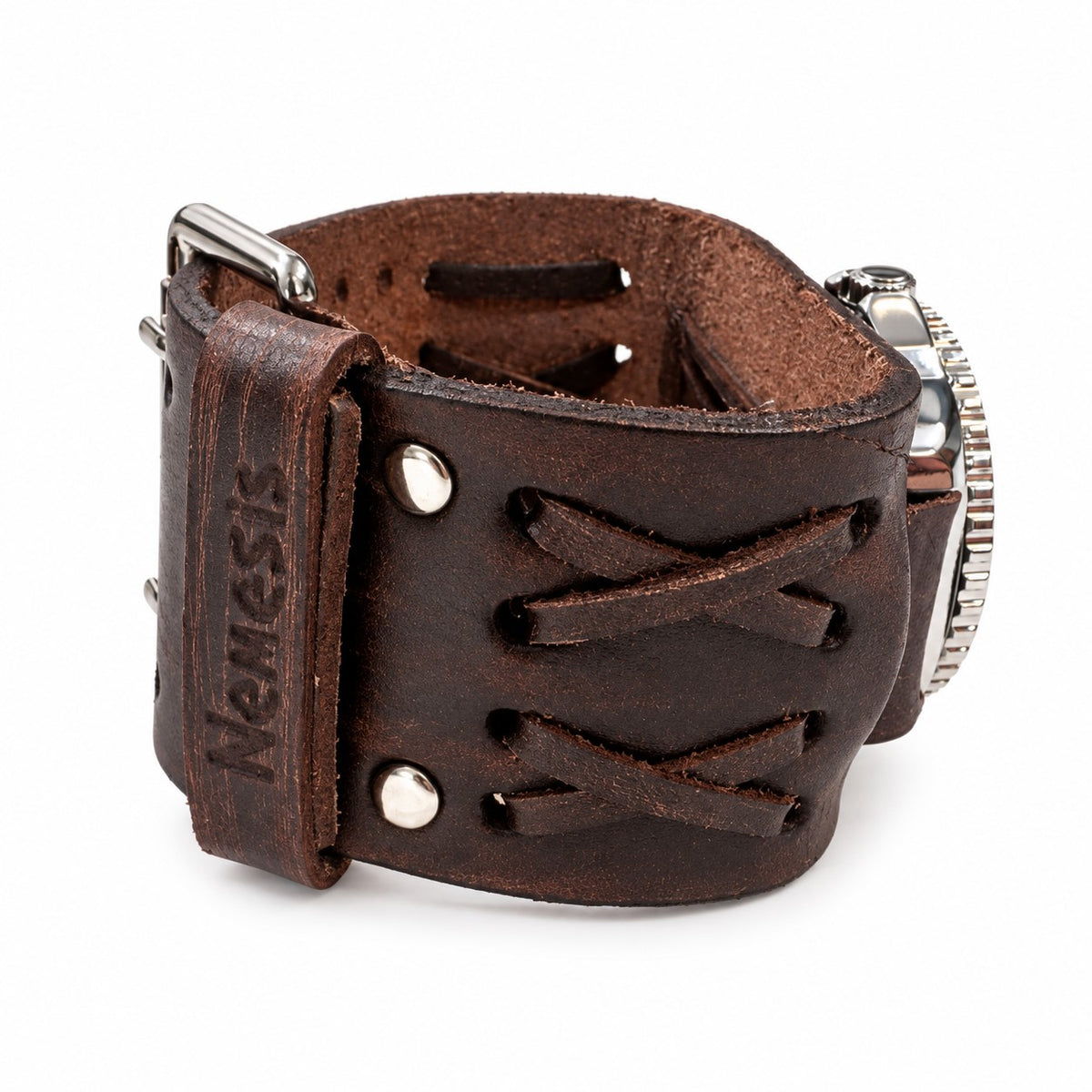 Hybrid Diver Blue/White Watch with Double X Distressed Brown Leather Wide Cuff BVDX257B