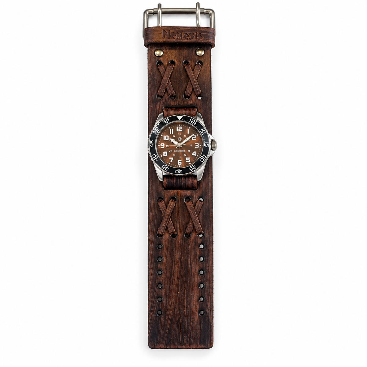 Hybrid Diver Blue/White Watch with Double X Distressed Brown Leather Wide Cuff BVDX257B