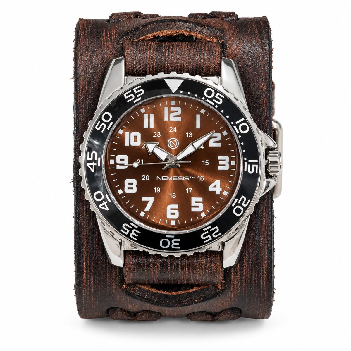 Hybrid Diver Blue/White Watch with Double X Distressed Brown Leather Wide Cuff BVDX257B