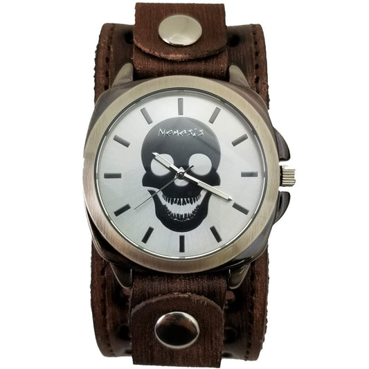 Skull Silver Watch with Ring Distressed Brown Leather Cuff