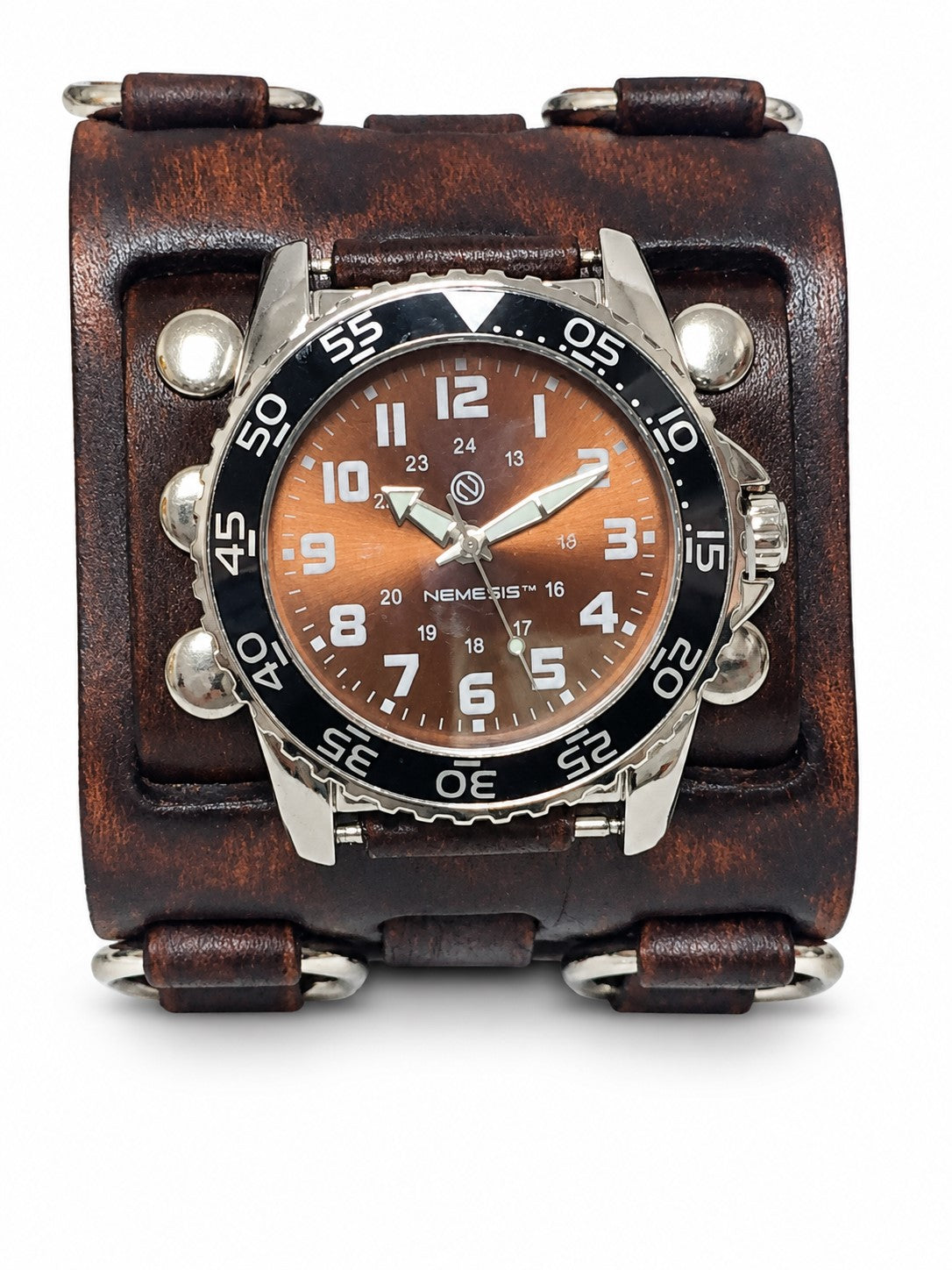 Hybrid Diver Blue/White Watch with Double X Distressed Brown Leather Wide Cuff BFWB257B