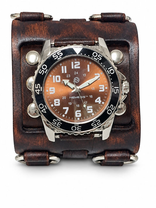 Hybrid Diver Blue/White Watch with Double X Distressed Brown Leather Wide Cuff BFWB257B