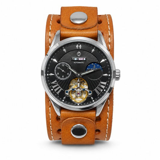 Tourbillon Day/Night Blue and Silver Hand Watch with Stitched Khaki Leather Cuff