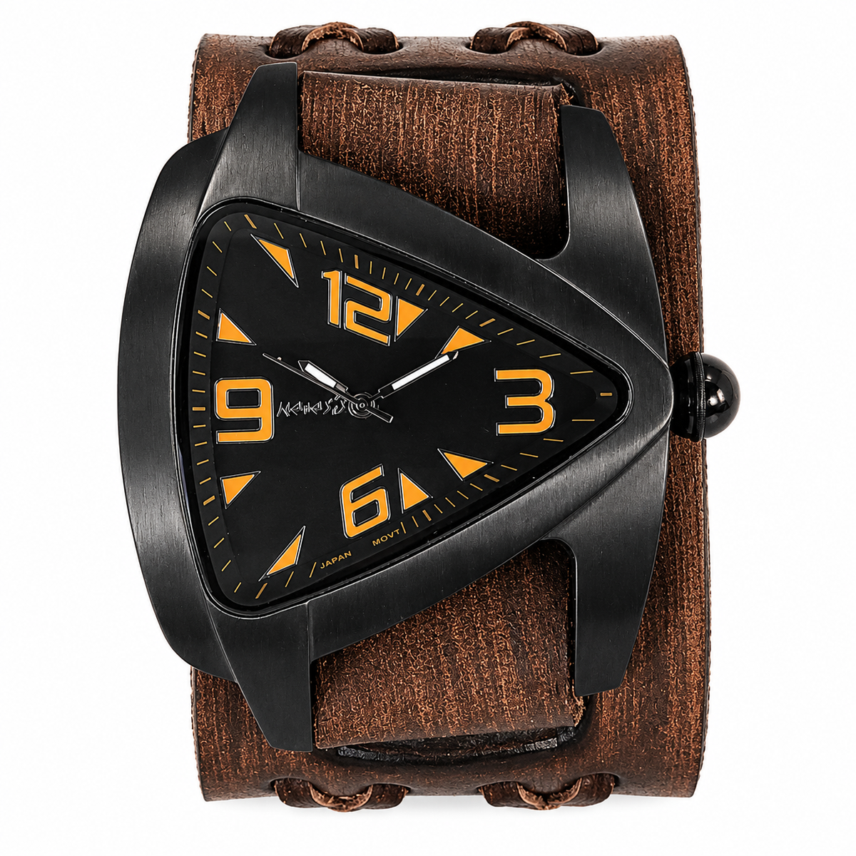 Teardrop Black Watch with Double X Distressed Dark Brown Leather Cuff