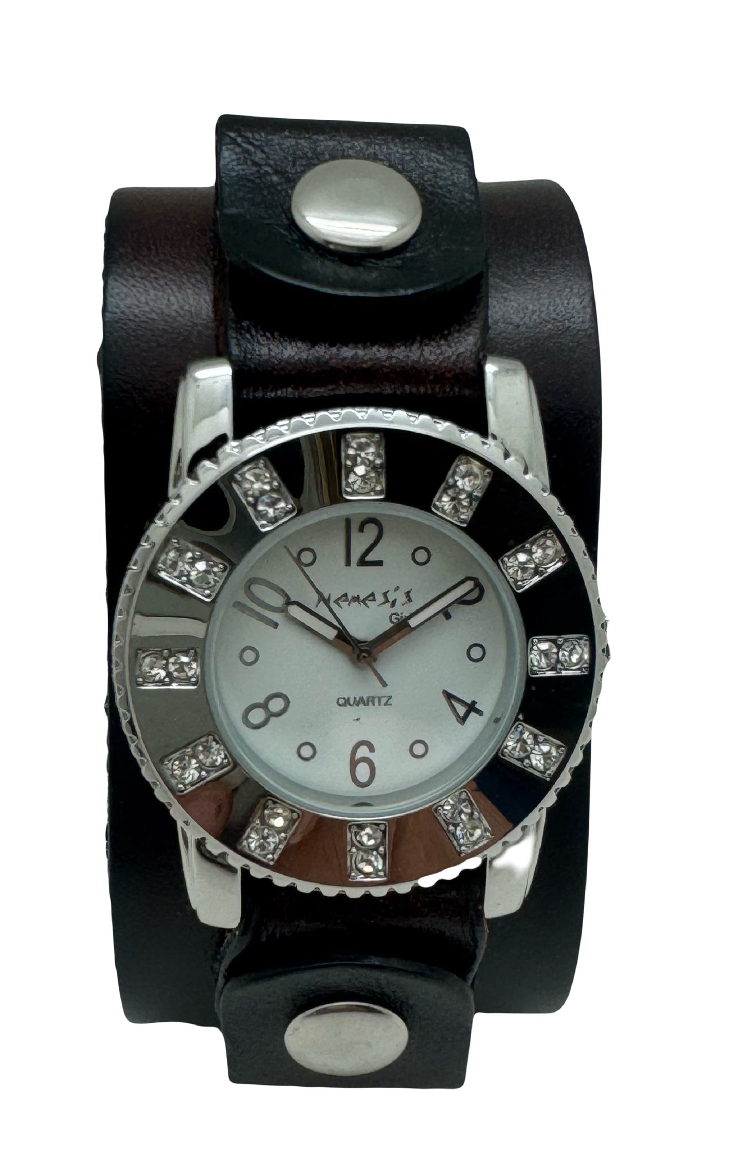 Crystal Showgirls White Ladies Watch with Diamond Stitched Dark Brown Leather Cuff BGb311S