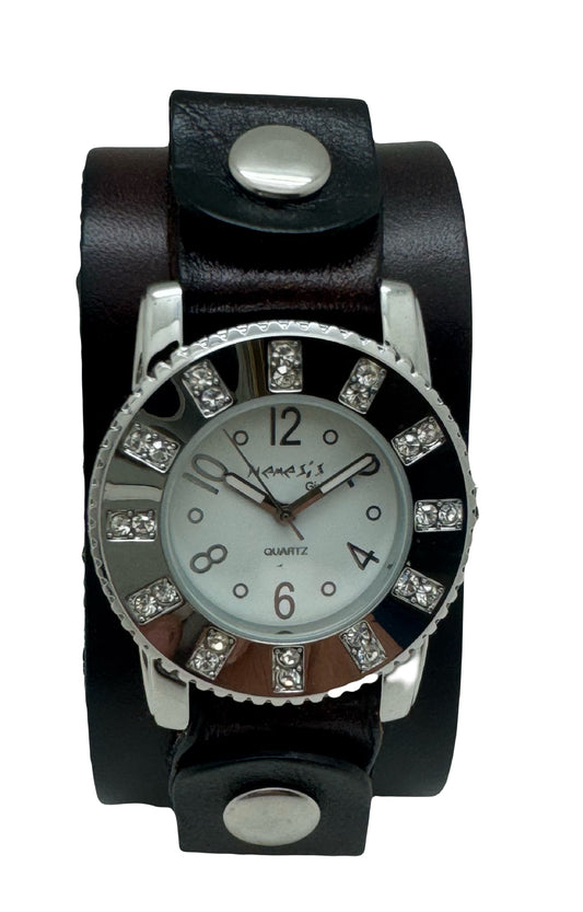 Crystal Showgirls White Ladies Watch with Diamond Stitched Dark Brown Leather Cuff BGb311S