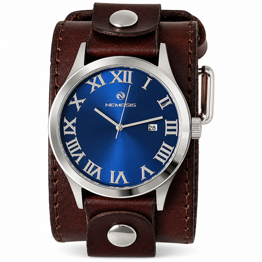 Roman DX Blue Watch with Stitched Dark Leather Wide Cuff