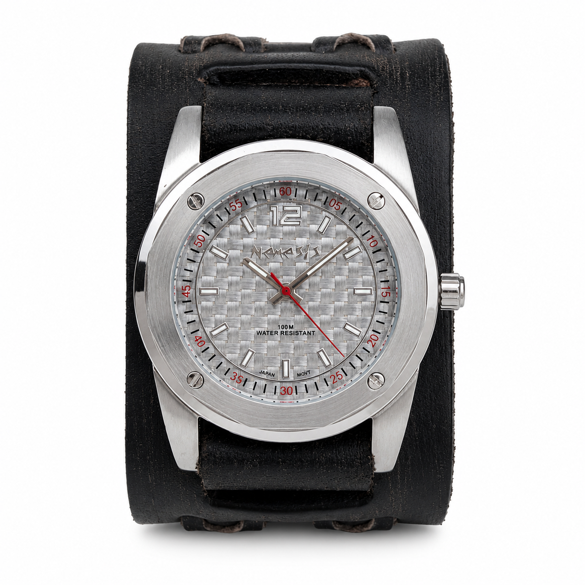 Carbon Fiber Silver Watch with Perforated Black Leather Cuff VDX051S