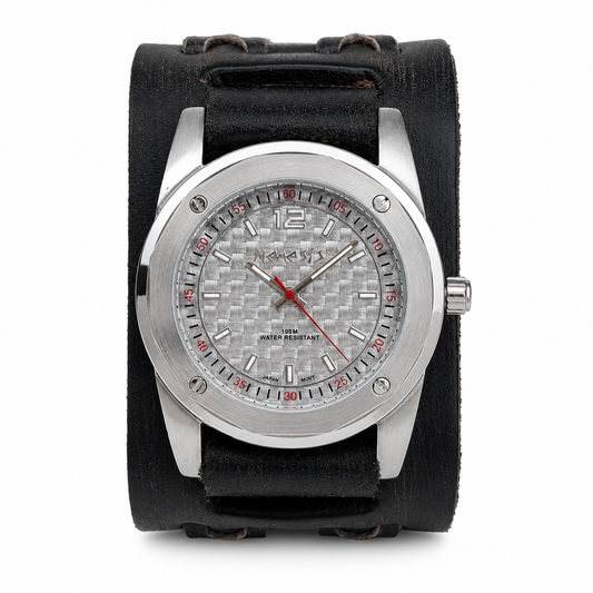 Carbon Fiber Silver Watch with Perforated Black Leather Cuff VDX051S