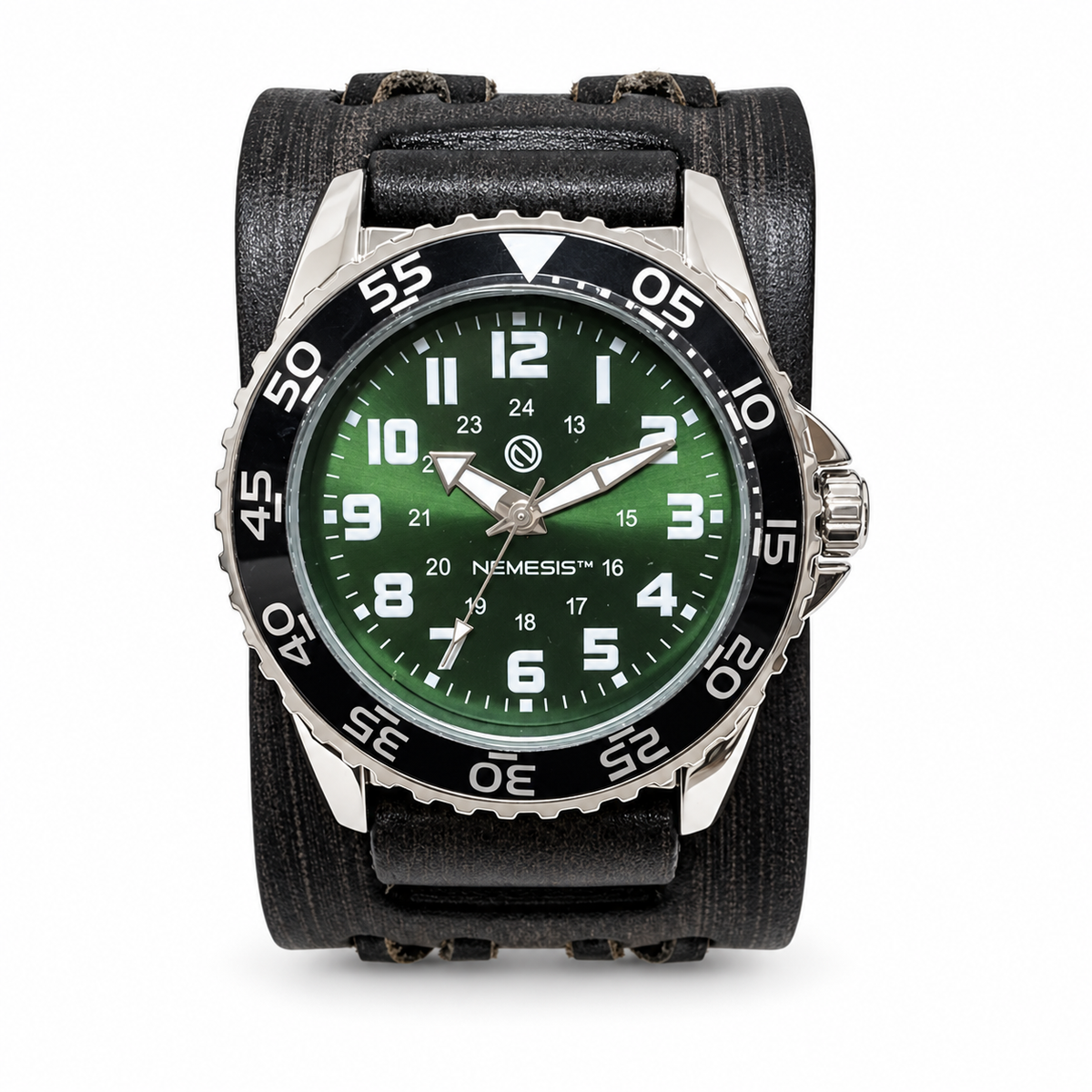 Hybrid Diver Green/White Watch with Double X Distressed Black Leather Wide Cuff VDX223G