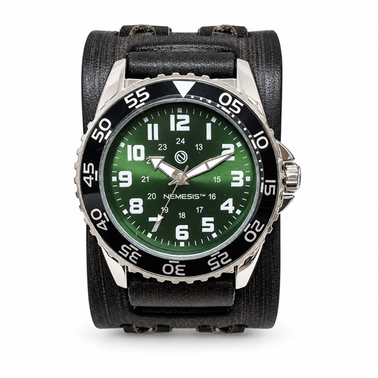 Hybrid Diver Green/White Watch with Double X Distressed Black Leather Wide Cuff VDX223G